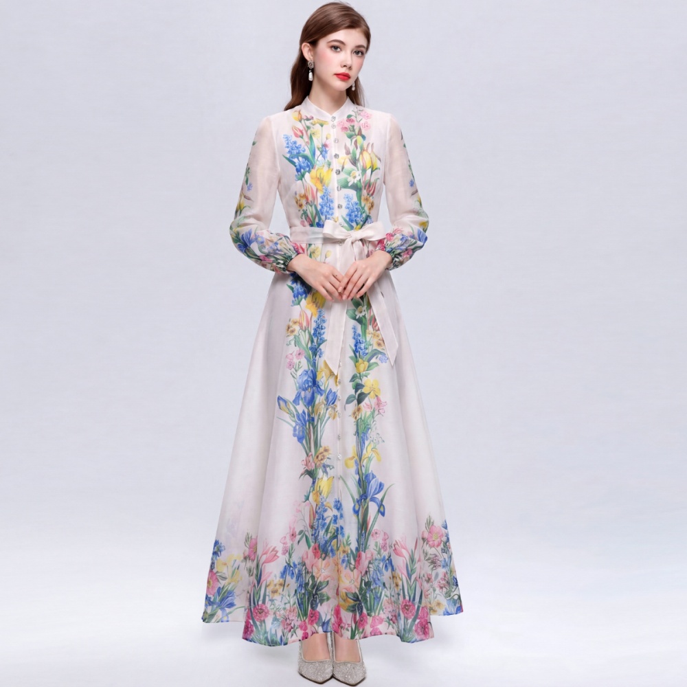 Pinched waist single-breasted retro printing dress