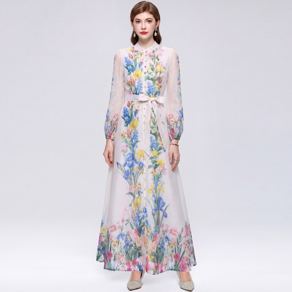 Pinched waist single-breasted retro printing dress