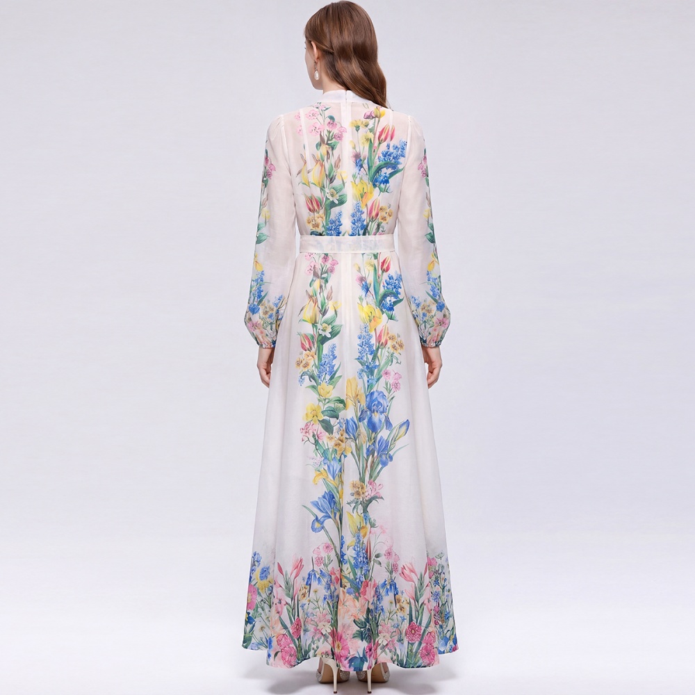Pinched waist single-breasted retro printing dress