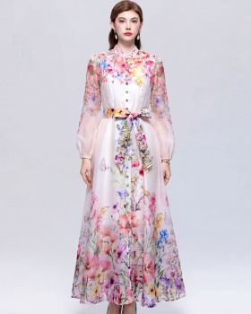Big skirt single-breasted commuting printing dress
