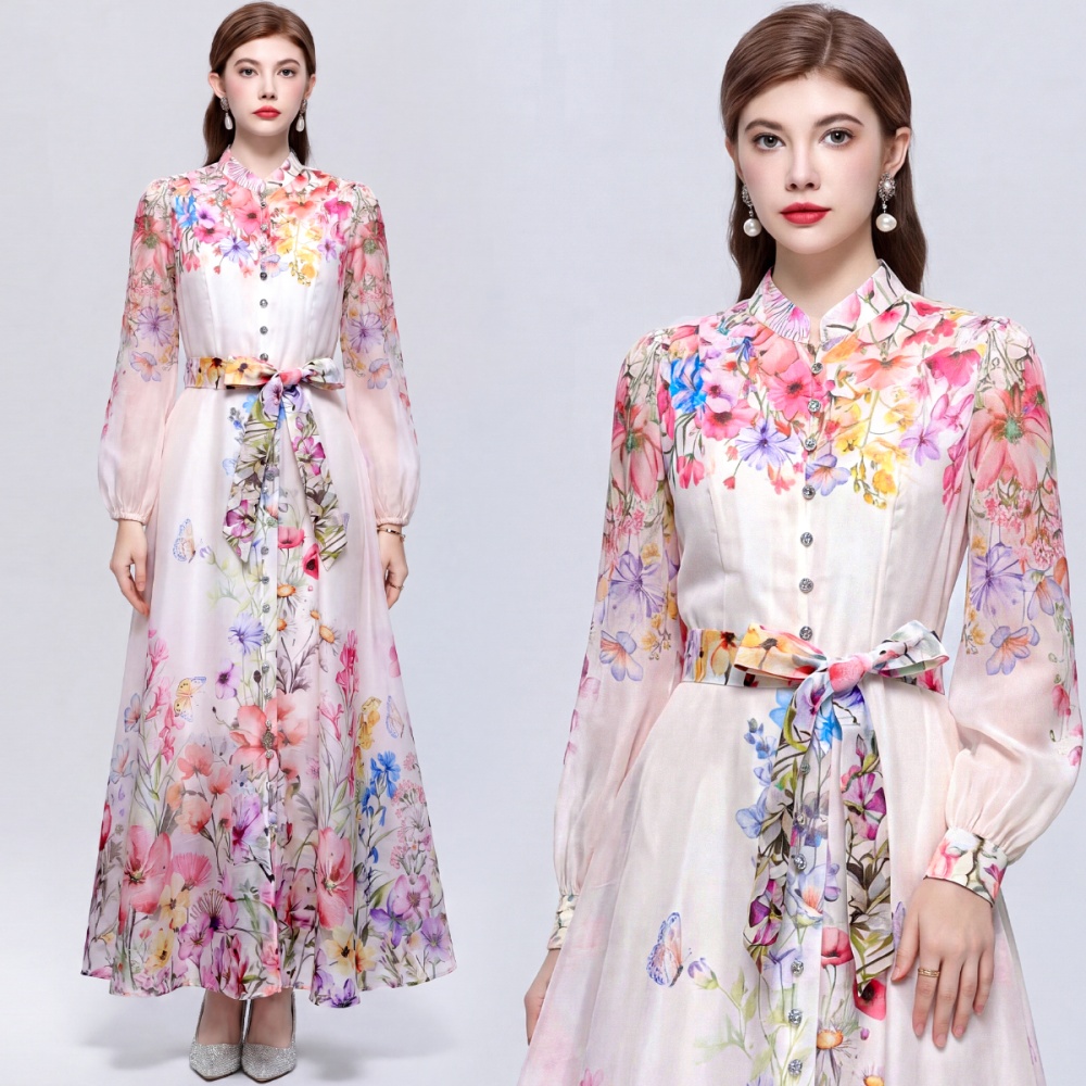 Big skirt single-breasted commuting printing dress