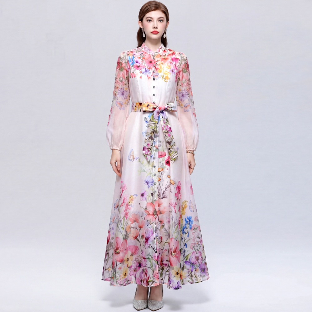 Big skirt single-breasted commuting printing dress