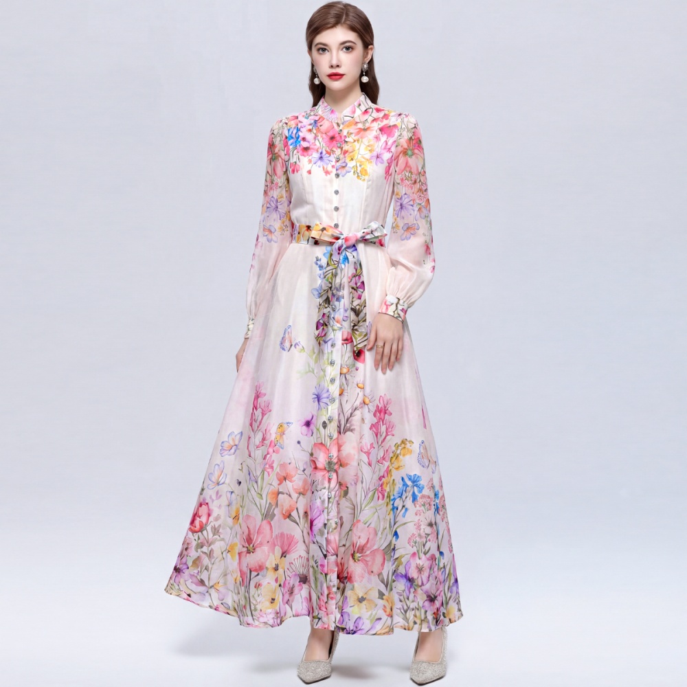 Big skirt single-breasted commuting printing dress
