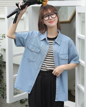 Short sleeve all-match fashion denim Korean style slim shirt