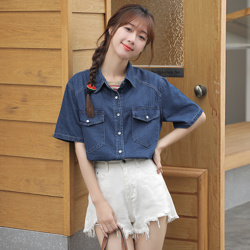 Short sleeve all-match fashion denim Korean style slim shirt