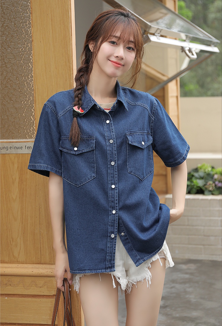 Short sleeve all-match fashion denim Korean style slim shirt