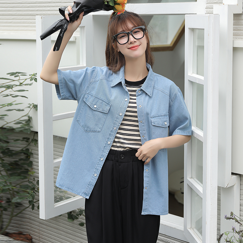 Short sleeve all-match fashion denim Korean style slim shirt