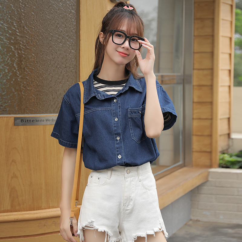 Soft fashion short sleeve cool depth Korean style denim tops