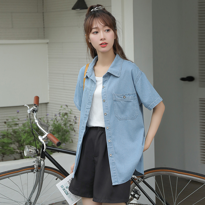 Soft fashion short sleeve cool depth Korean style denim tops