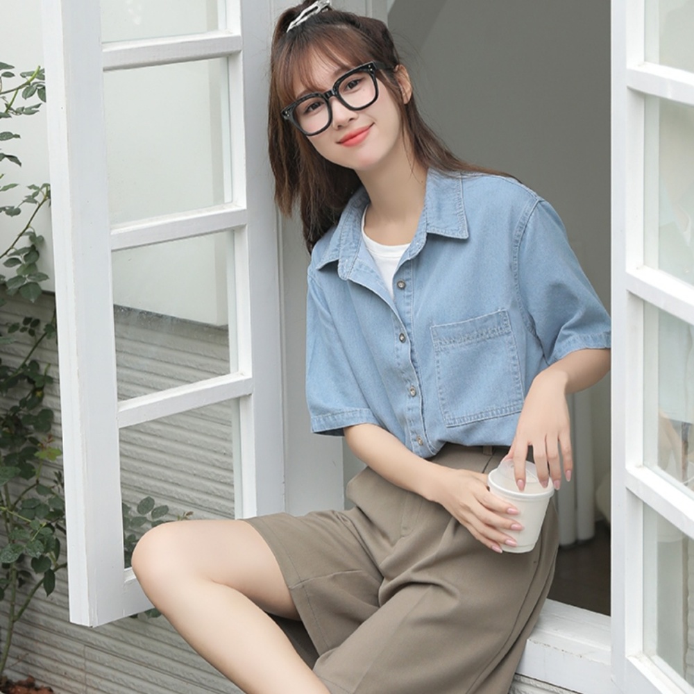 Casual soft loose thin Korean style denim short sleeve tops