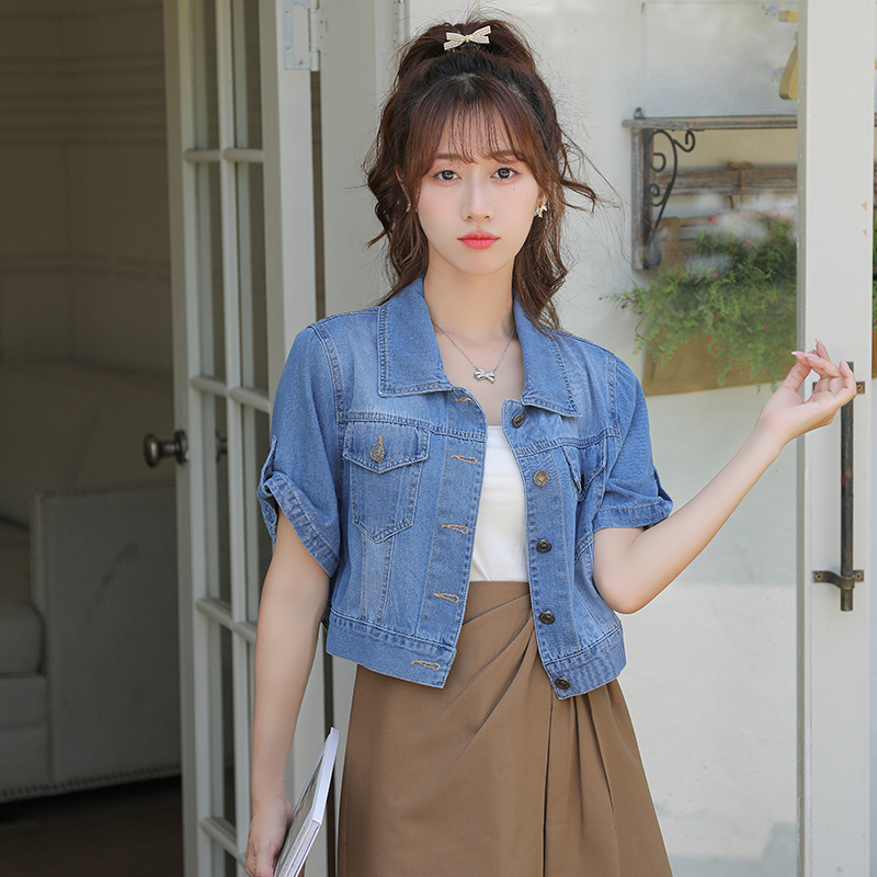 Denim short sweet tops outside the ride thin waistcoat