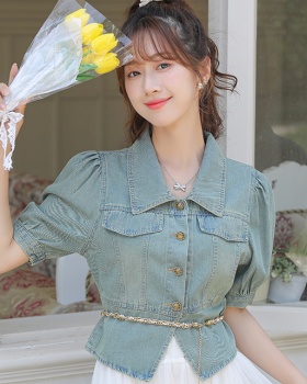 Short sleeve denim retro slim puff sleeve tops
