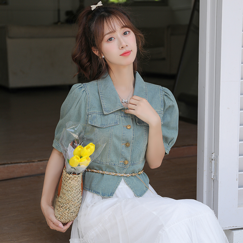 Short sleeve denim retro slim puff sleeve tops