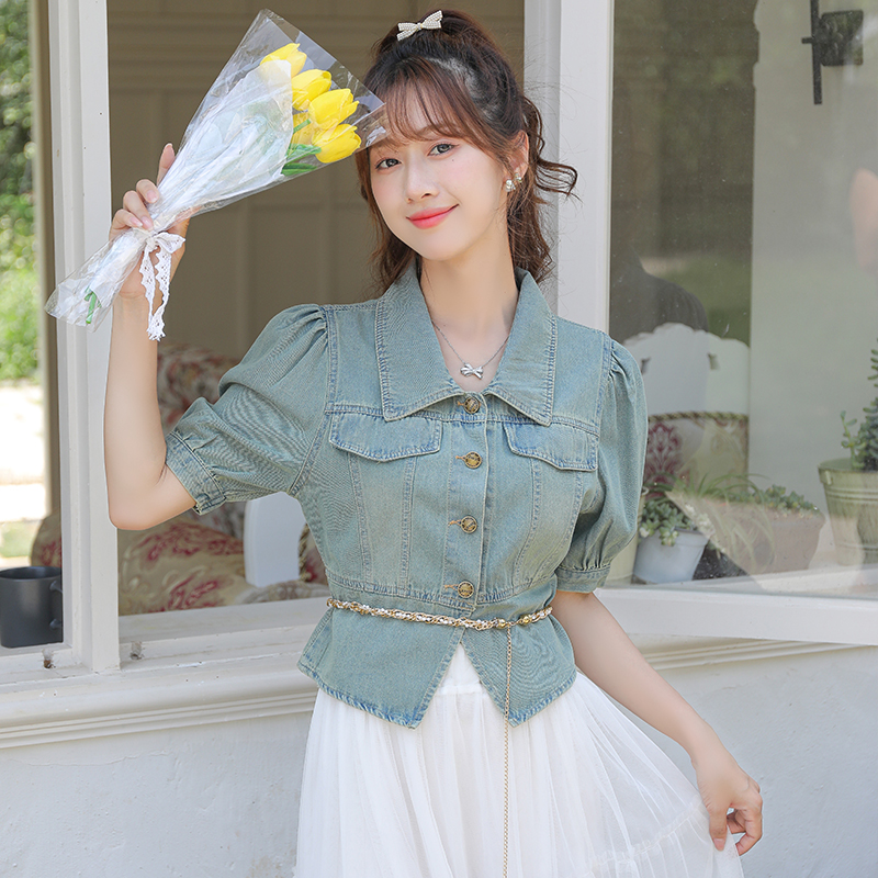 Short sleeve denim retro slim puff sleeve tops