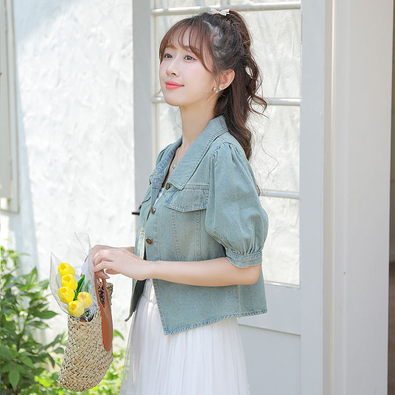 Short sleeve denim retro slim puff sleeve tops