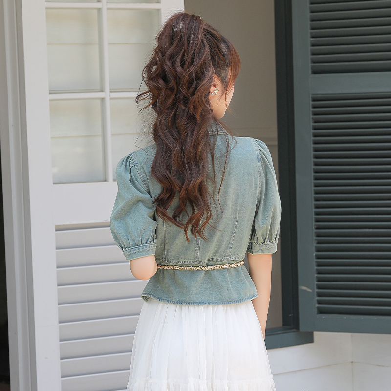 Short sleeve denim retro slim puff sleeve tops
