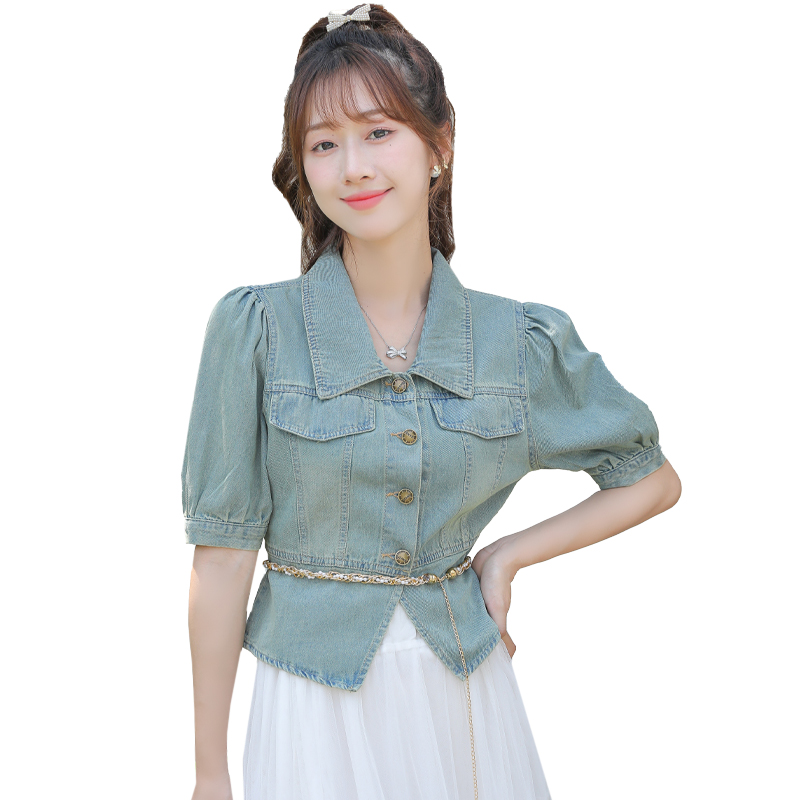 Short sleeve denim retro slim puff sleeve tops