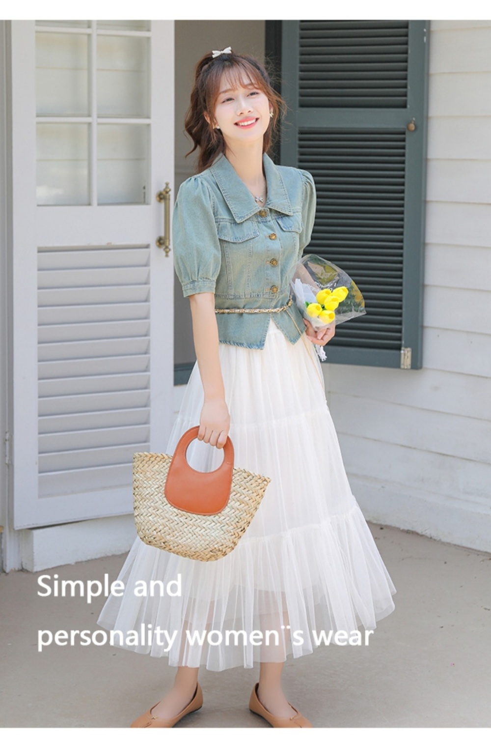 Short sleeve denim retro slim puff sleeve tops