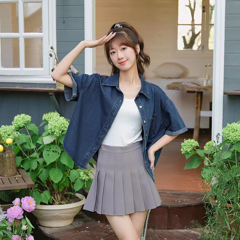 Denim simple fashion all-match depth loose tops