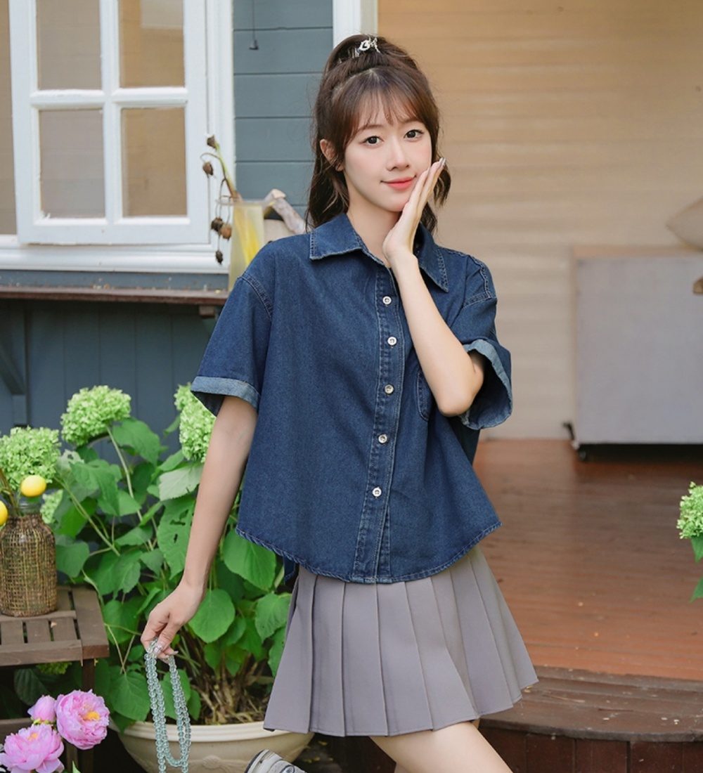 Denim simple fashion all-match depth loose tops