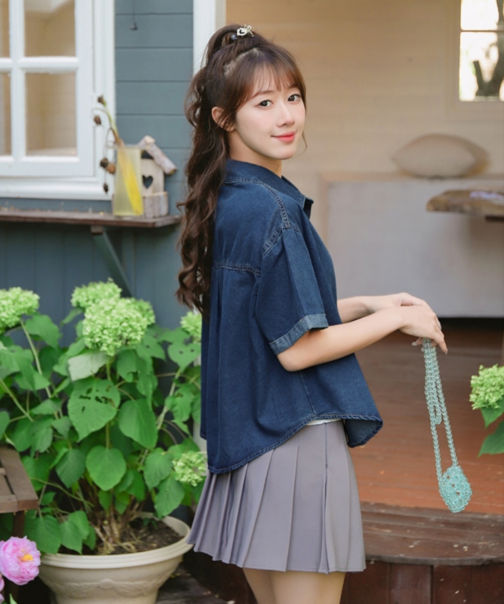 Denim simple fashion all-match depth loose tops