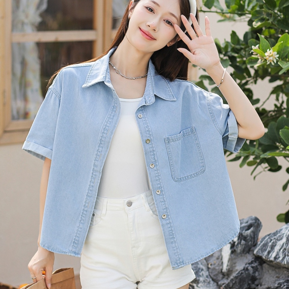 Denim simple fashion all-match depth loose tops