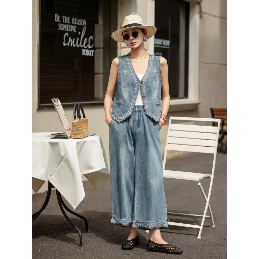 Embroidery wide leg pants waistcoat a set for women