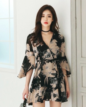 Retro trumpet sleeves dress A-line printing T-back for women