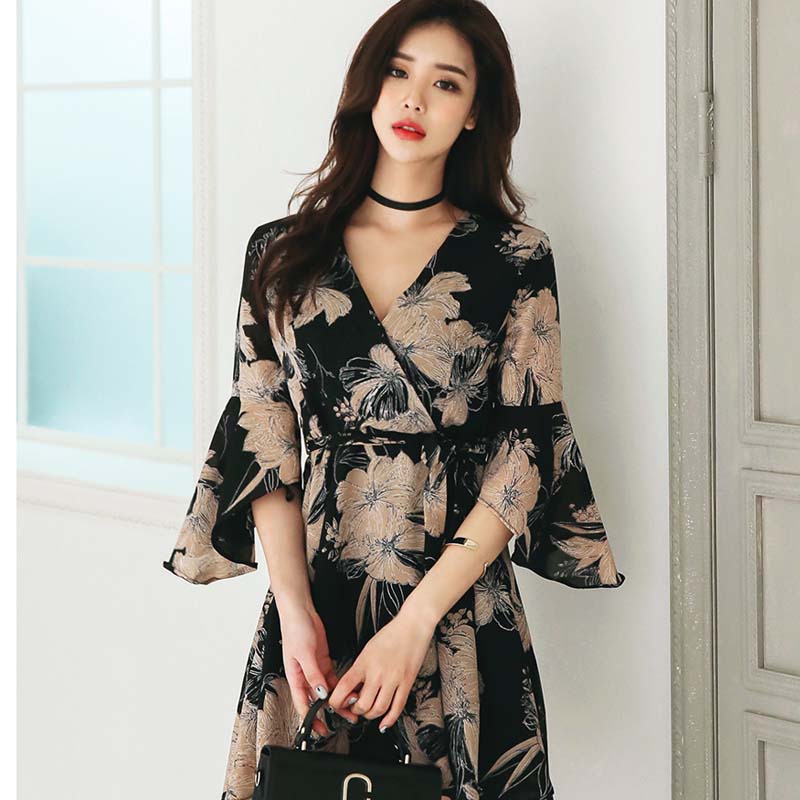 Retro trumpet sleeves dress A-line printing T-back for women