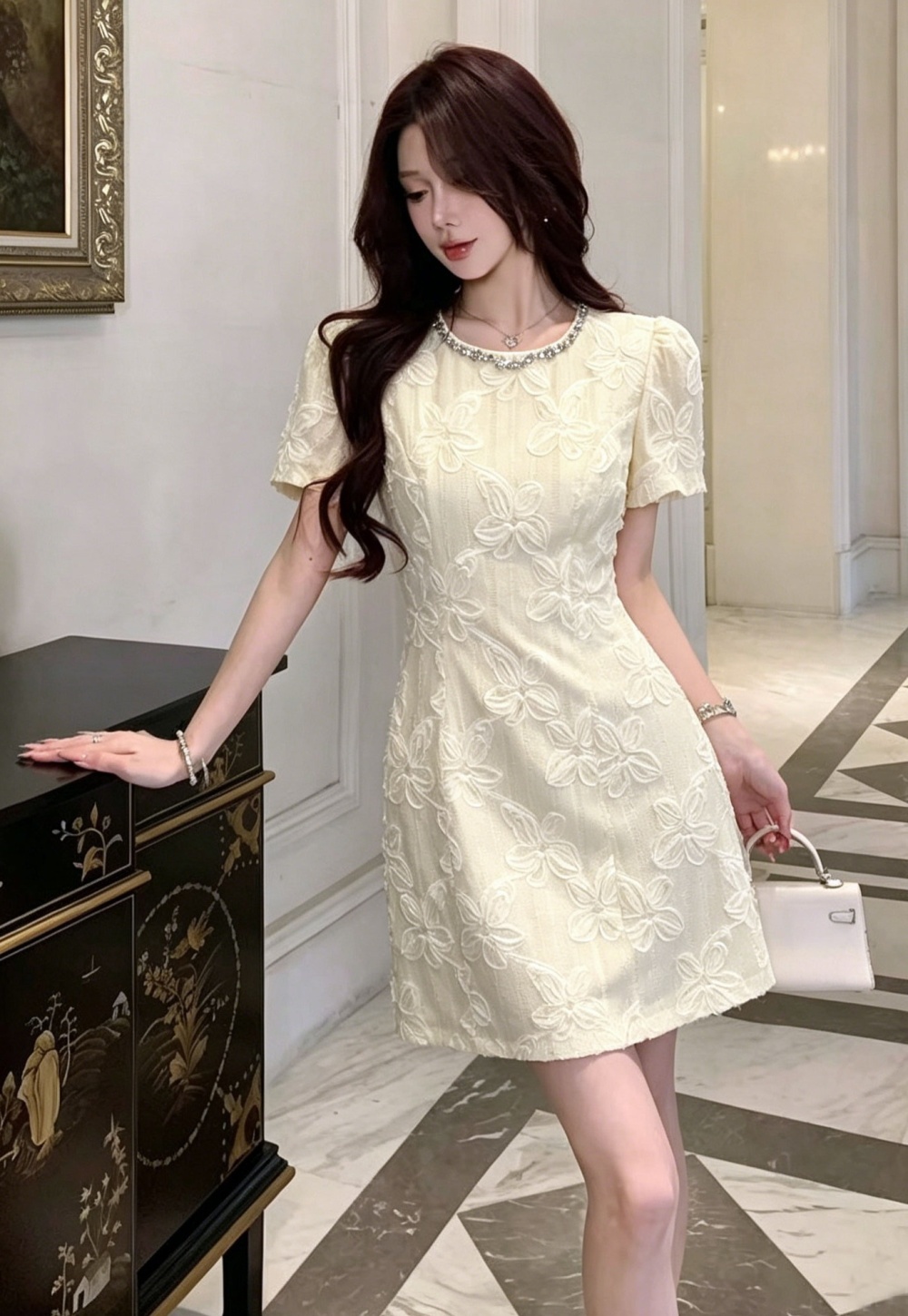 Summer slim light luxury T-back temperament pinched waist dress