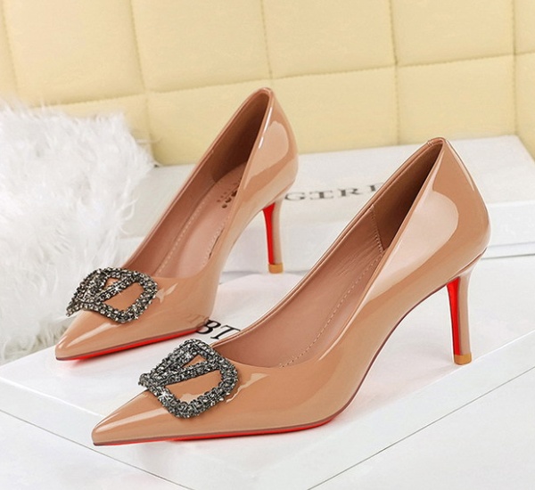 Low bronze patent leather sexy banquet rhinestone shoes
