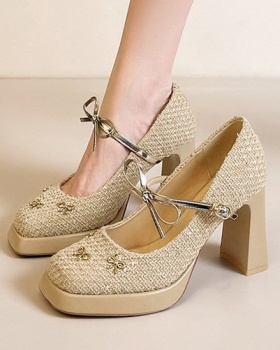 France style weave metal shoes square head bow platform