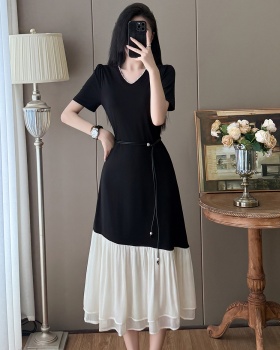 Temperament large yard long belt splice Hepburn style dress