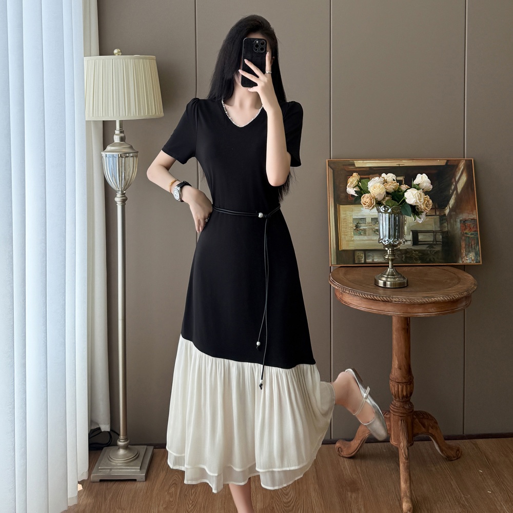 Temperament large yard long belt splice Hepburn style dress