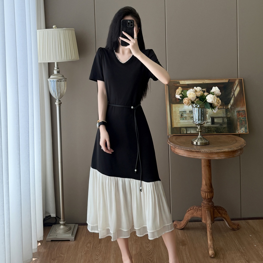 Temperament large yard long belt splice Hepburn style dress