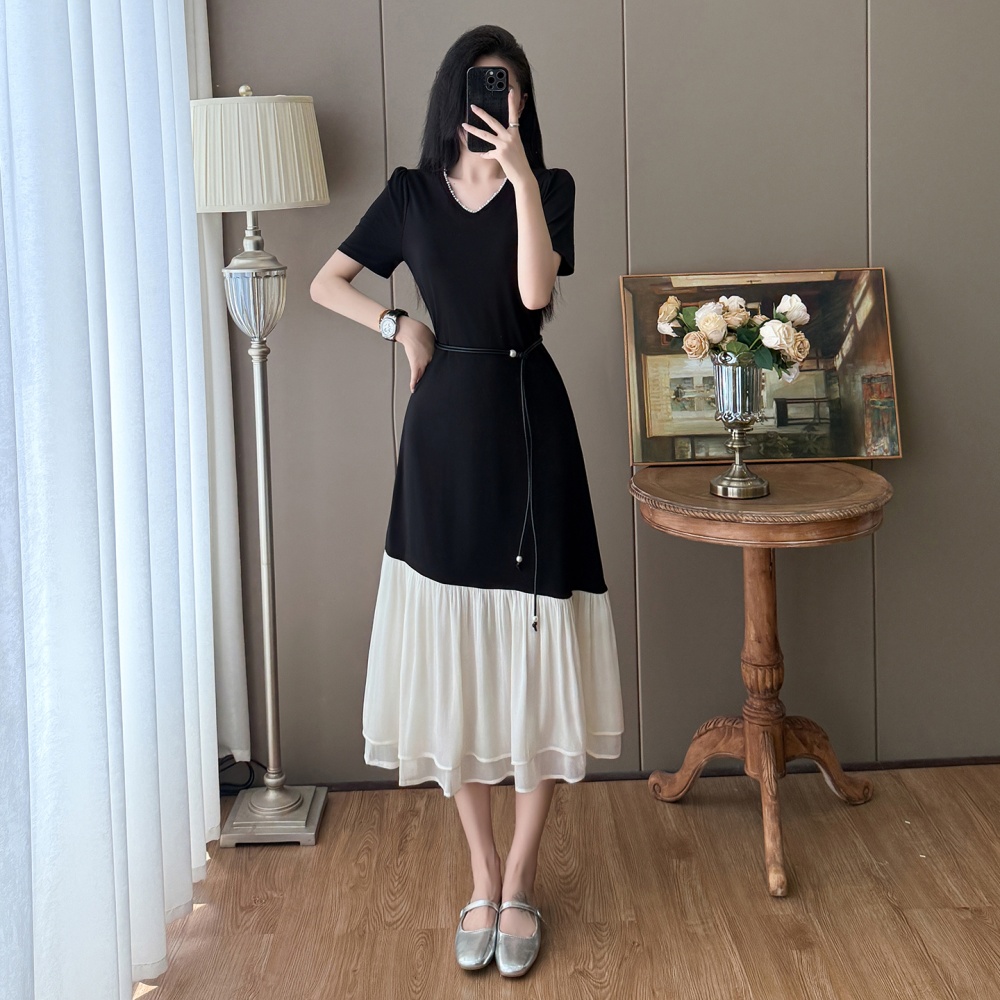 Temperament large yard long belt splice Hepburn style dress