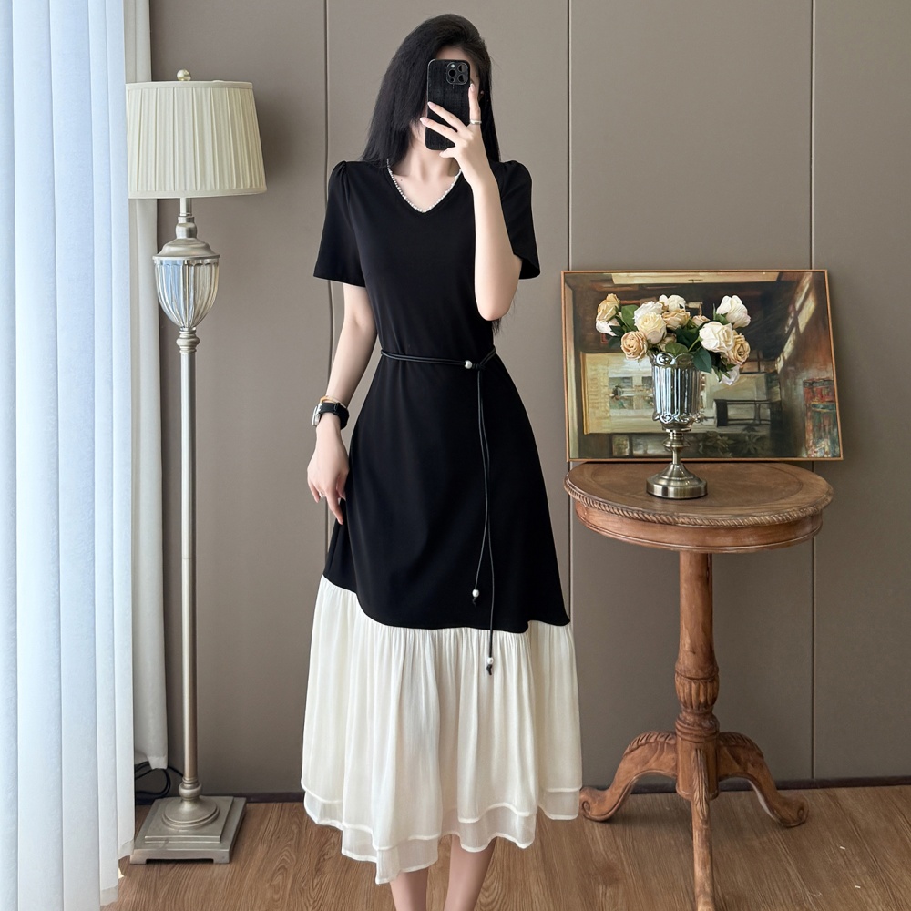 Temperament large yard long belt splice Hepburn style dress