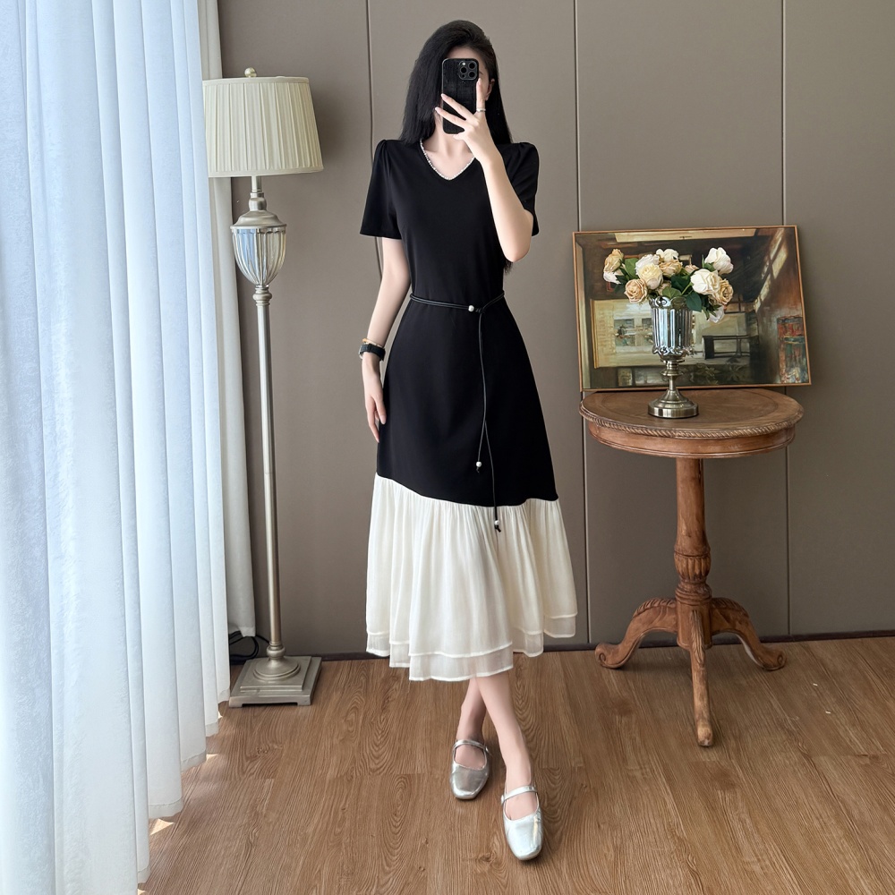 Temperament large yard long belt splice Hepburn style dress