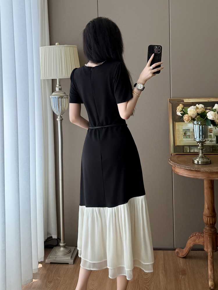Temperament large yard long belt splice Hepburn style dress