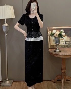Retro splice lace tops sequins large yard skirt 2pcs set