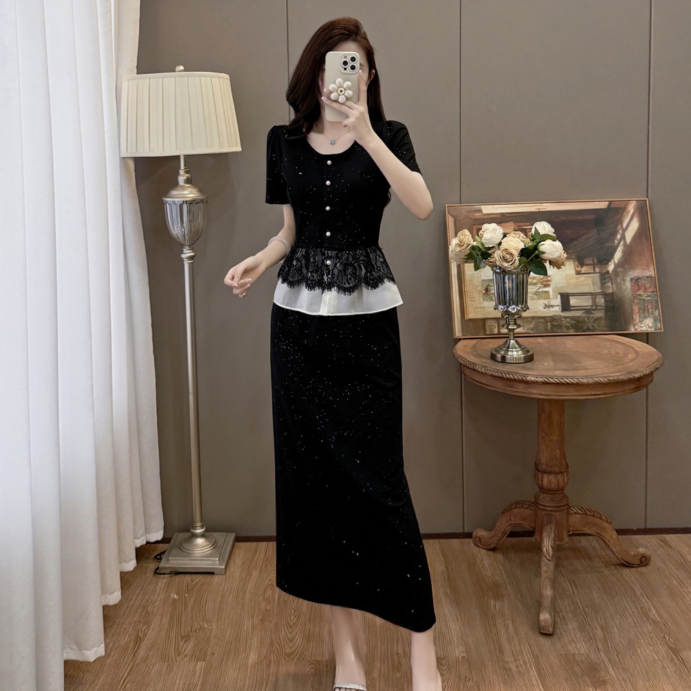 Retro splice lace tops sequins large yard skirt 2pcs set