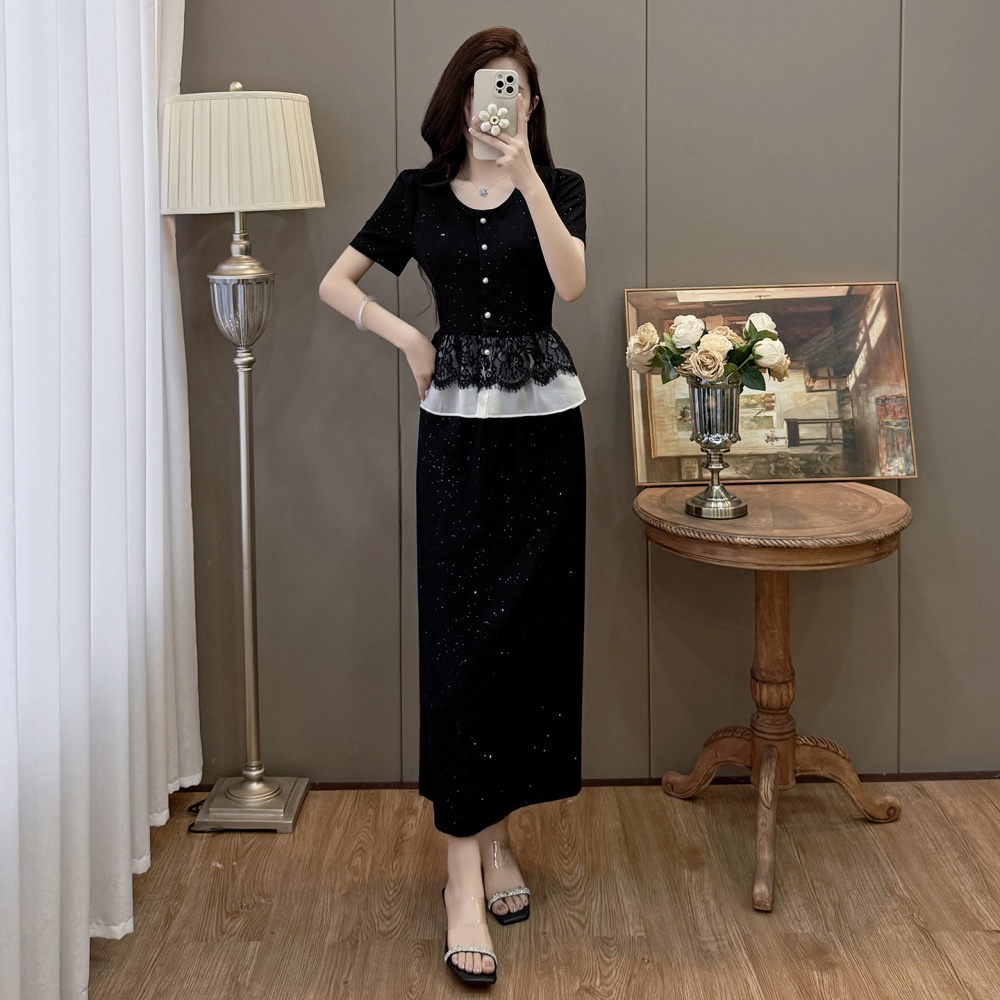 Retro splice lace tops sequins large yard skirt 2pcs set