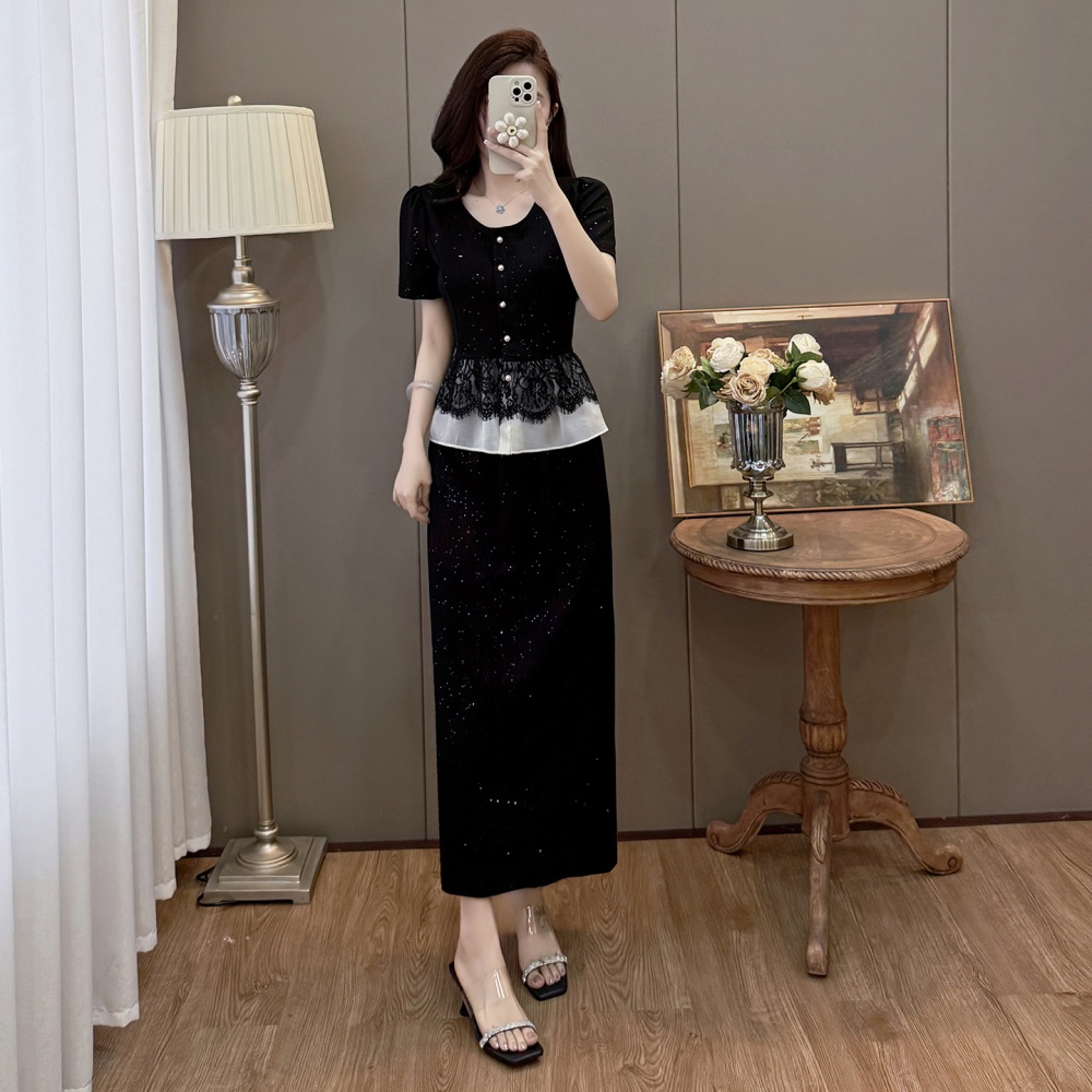 Retro splice lace tops sequins large yard skirt 2pcs set