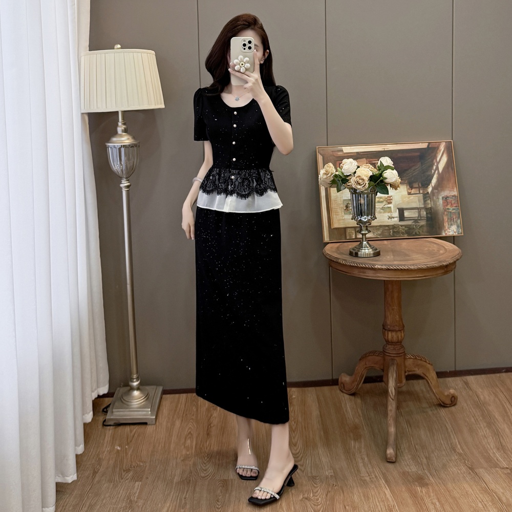 Retro splice lace tops sequins large yard skirt 2pcs set