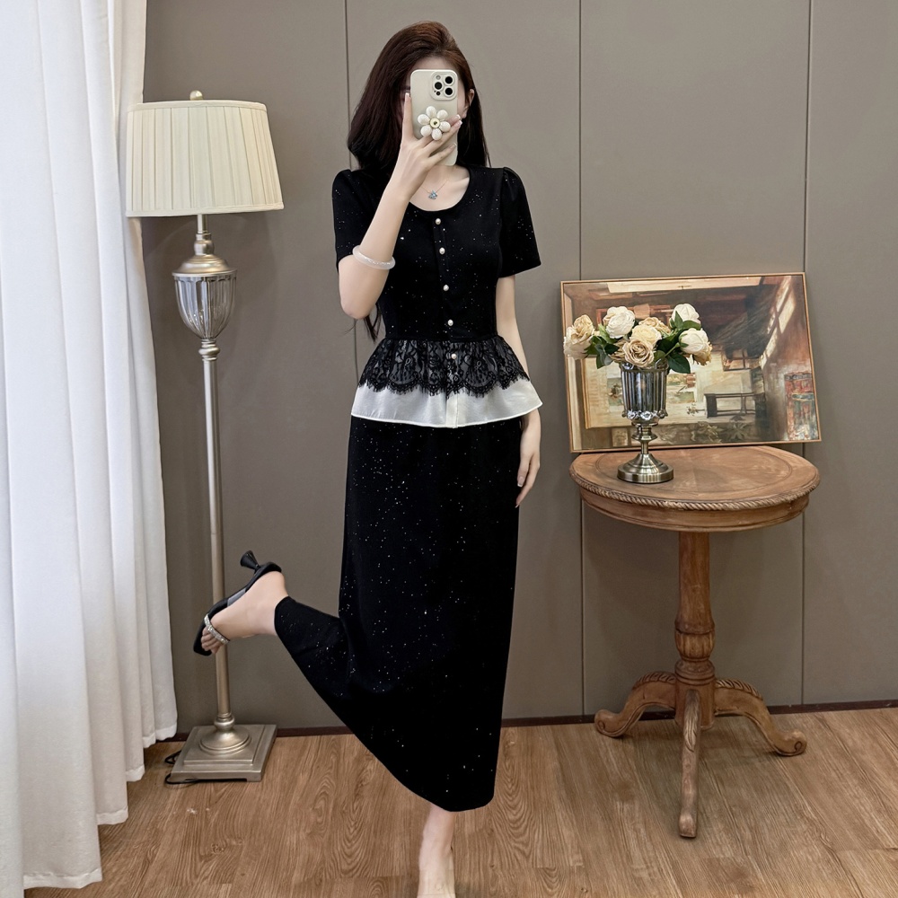 Retro splice lace tops sequins large yard skirt 2pcs set