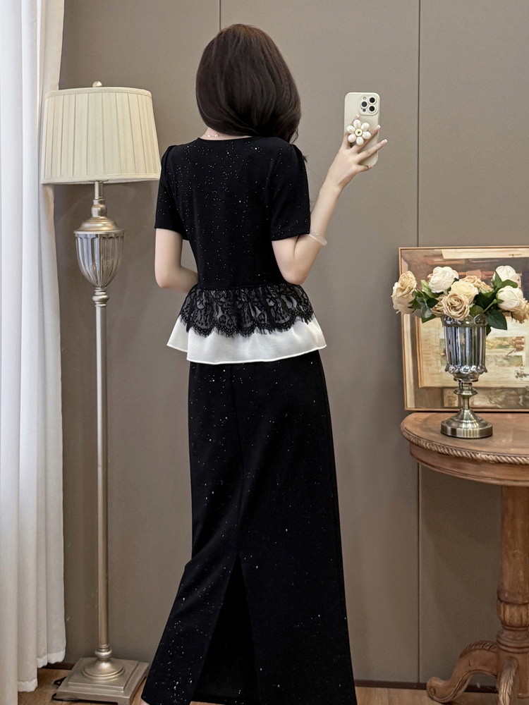 Retro splice lace tops sequins large yard skirt 2pcs set