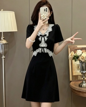 Large yard short elegant lace ladies splice slim V-neck dress