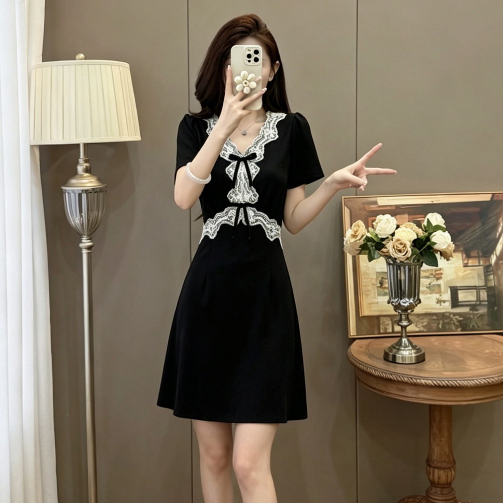 Large yard short elegant lace ladies splice slim V-neck dress