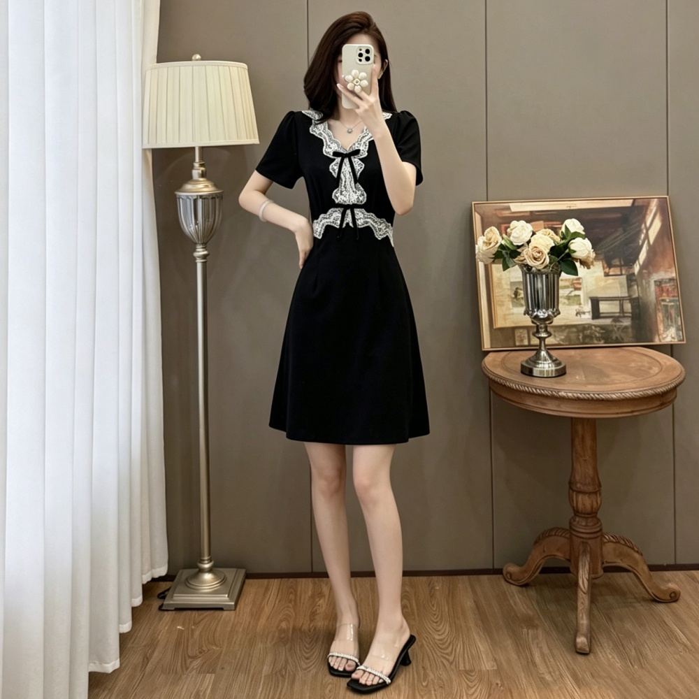 Large yard short elegant lace ladies splice slim V-neck dress