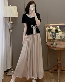 Sweet bow T-shirt splice sequins wide leg pants 2pcs set